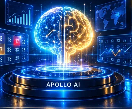 Apollo AI analysis core illustration with charts and number grids